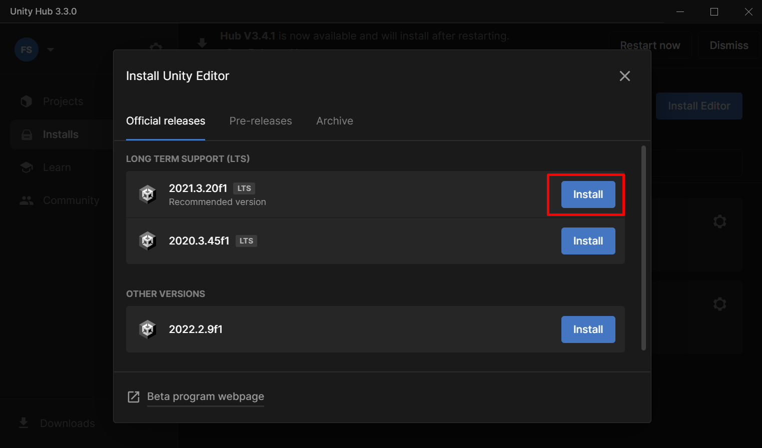 Choisir version Unity